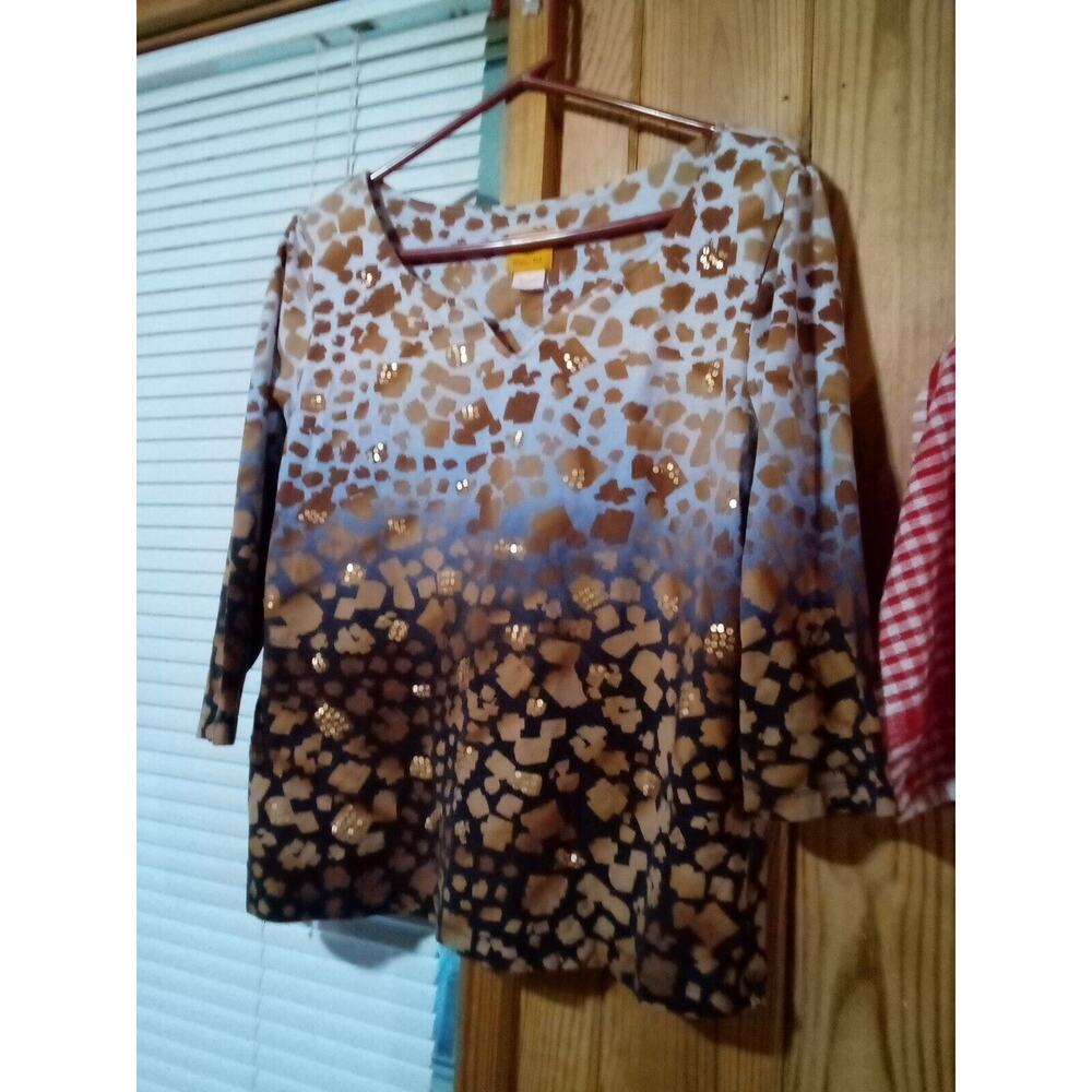 Ruby Red Women's L Animal Print 3/4 Sleeve Multi Color Top With Sequins